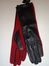 Ladies Women's Genuine Leather Wool 13.5" Long Gloves,Black/Red, M/L.