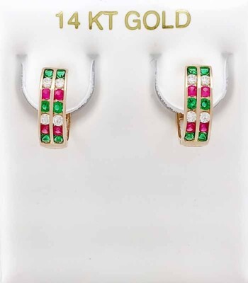 LAB CREATED SMARAGD, RUBIN & WEISSER SAPHIR HUGGIES OHRRING 14K GELBGOLD - NEU MIT ETIKETT
