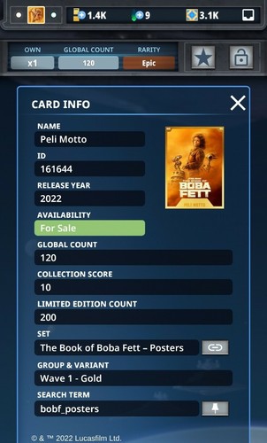Topps Star Wars Card Trader Book of Boba Fett Posters EPIC GOLD Peli Motto 200CC - Picture 2 of 2