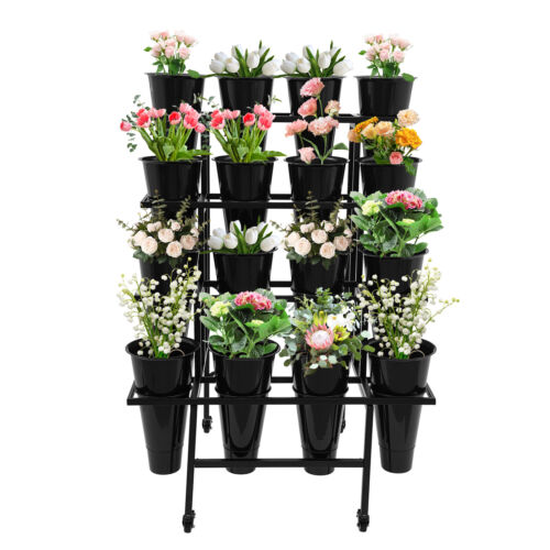 Plant Stand &Wheels, Flower Display Stand w/Buckets , Moving Plant Cart Shelf US