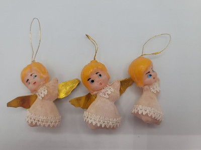 Lot Of 3 Flocked Japan Christmas Ornaments Angels Plastic Gold Wings 2'' MCM VTG