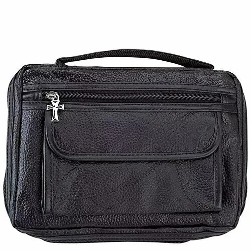 Italian Stone Design Black Genuine Leather Bible Cover Zippered Main Compartment