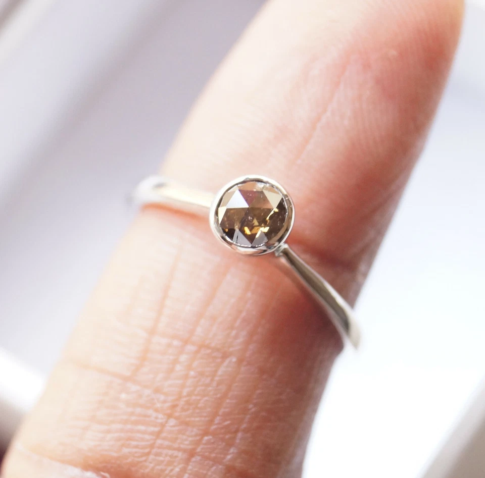 5.0mm Cognac Brown Rose Cut Bezel Set Diamond Ring, 925 silver Engagement ring  - Image 3 of 4
