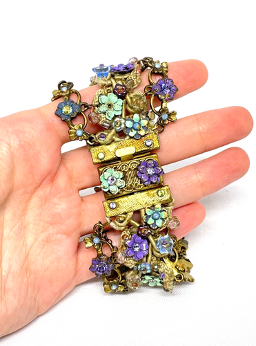 Lovely Michal Negrin Fabric and metal Bracelet Crystal Flowers Unique - 3924 - - Picture 3 of 9