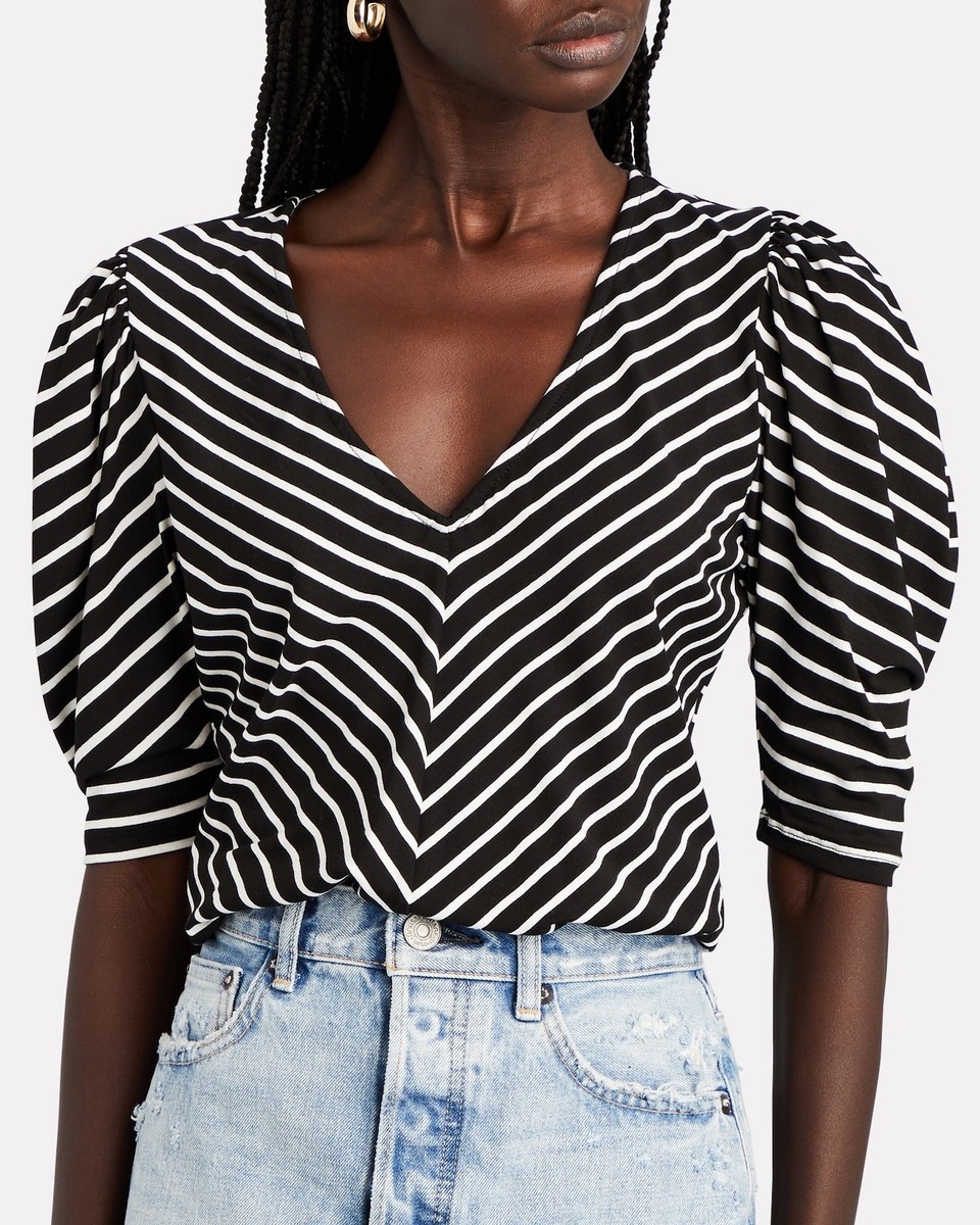 FRAME Black White Shirred Stripe Puff Sleeve V Neck Tee Top FRAME Black White Shirred Stripe Puff Sleeve V Neck Tee Top