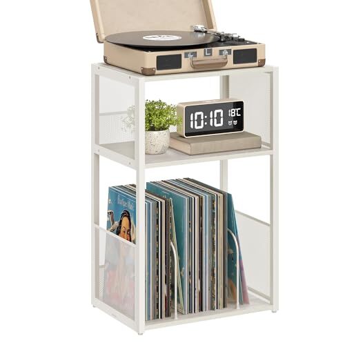 3-Tier Rustic White Vinyl Record Player Stand with Storage-image