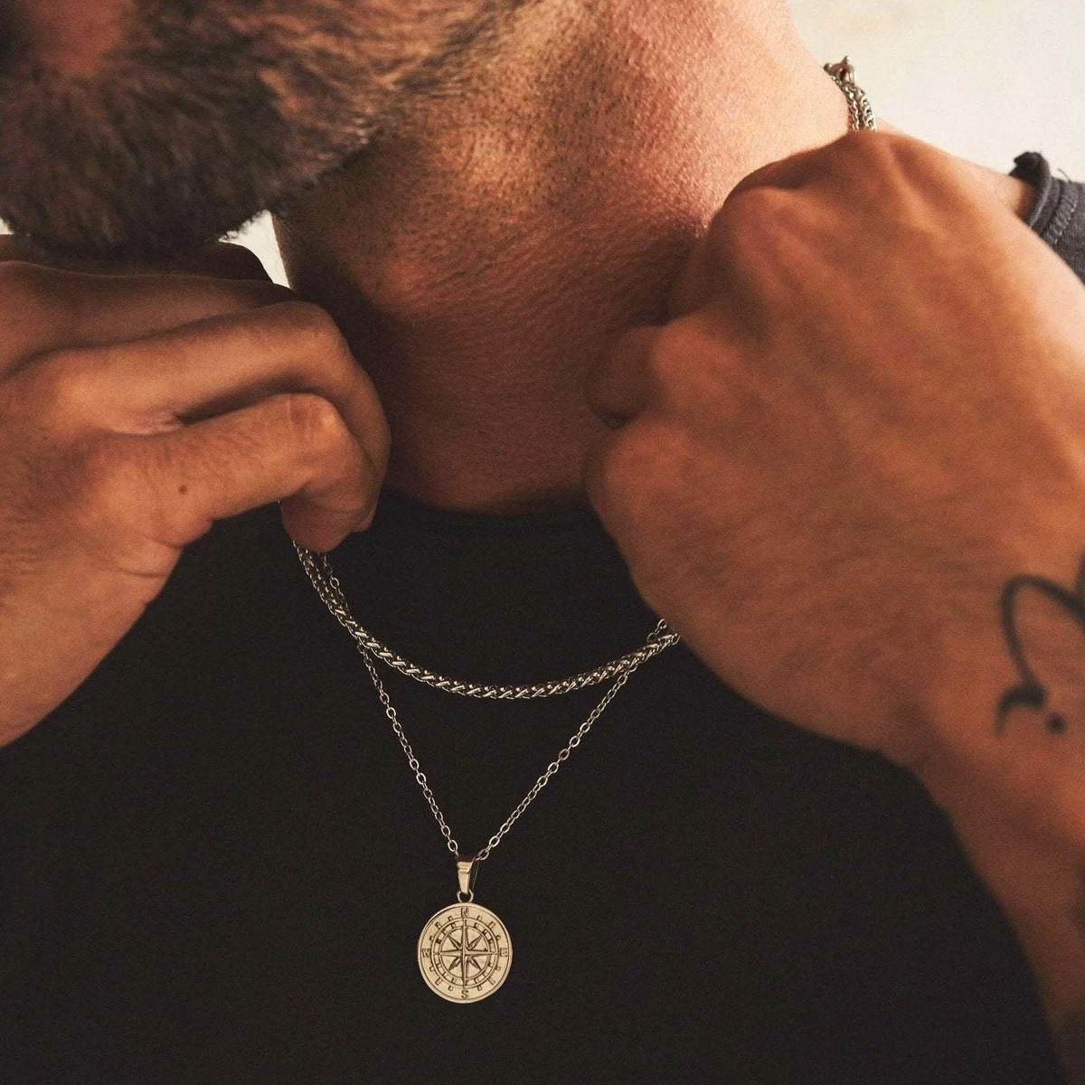 Layered Necklaces for Men Sailing Compass Pendant Stainless Steel