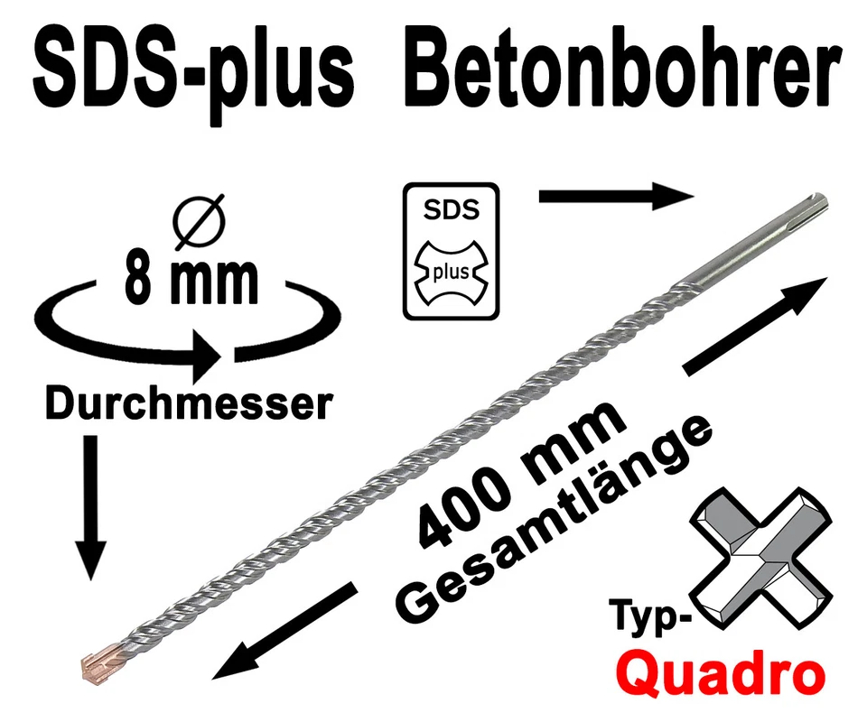SDS-plus Betonbohrer Ø 8 mm x 400mm Lang Quadro Bohrer Hammerbohrer Steinbohrer - Bild 2 von 4