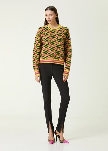 VERSACE La Greca yellow pink & black Greek key logo wool sweater 4 US / 40 IT - Picture 3 of 12
