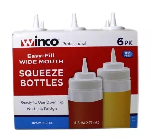 Winco 6-Piece Wide Mouth Squeeze Bottles, 16 Ounce, Clear Pl