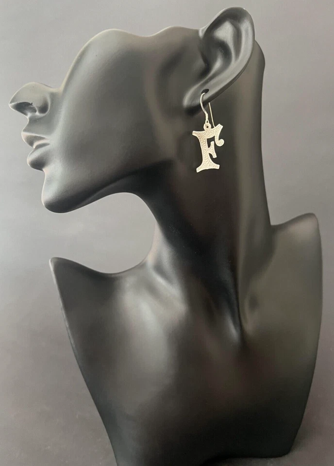 925 Sterling Silver Dangle Drop Earrings Wire Hook Handcrafted Alphabet Letter F - Image 3 of 4