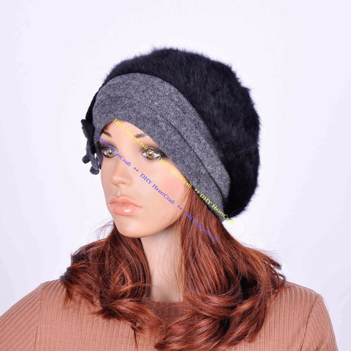 Belleza Flor Suave Cálida Imitación Conejo Piel Lana Invierno Boina Sombrero Gorra Gorro NEGRO - Imagen 4 de 4