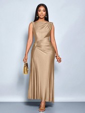 Gold Satin Sleeveless Maxi Dress XL Ruched Boat Neck Party Formal Bodycon