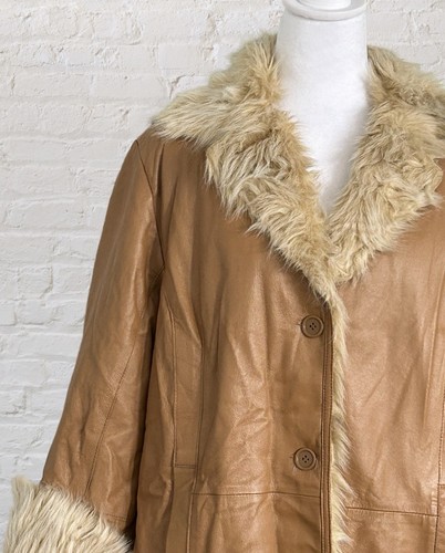 VTG Via Accenti Penny Lane Brown Leather Coat faux fur Lined Bohemian Sz 18 W - Picture 2 of 12