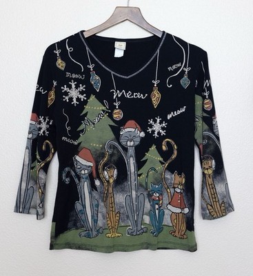 Jess & Jane  Meow  Christmas Holiday Rhinestone Women s Shirt