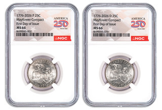 2026 P & D Mayflower Compact 25c Quarter Set America 250 NGC MS66 FDOI