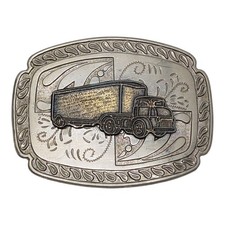 VINTAGE 1970s 18-WHEELER SEMI-TRUCK BELT BUCKLE NICKEL SILVER COOL 4" x 3"