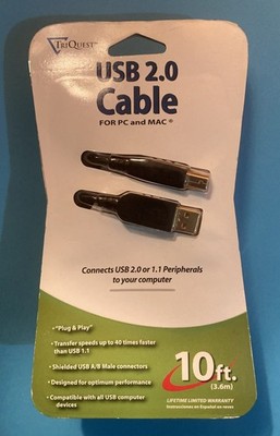 TriQuest USB 2.0 Cable 10 FT For PC/Windows & Mac OS New in Original Package
