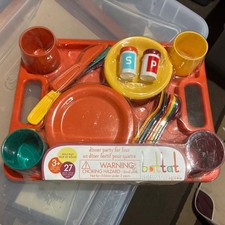 Dinner Party Playset Toy for 4 Tray Plates Cutlery Cups Pretend Play 27 pcs.