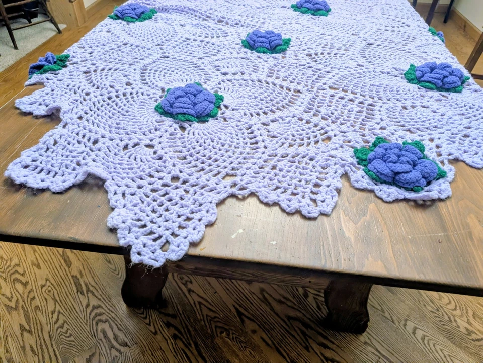 IMPRESIONANTE Manta Afgana Grande Flores Púrpura Lavanda 3D Crochet Foto 3 de 4