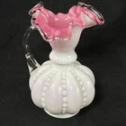 Vintage Fenton Peach Crest Beaded Melon Pitcher - Pink Cased Ruffled Edge 6.5”