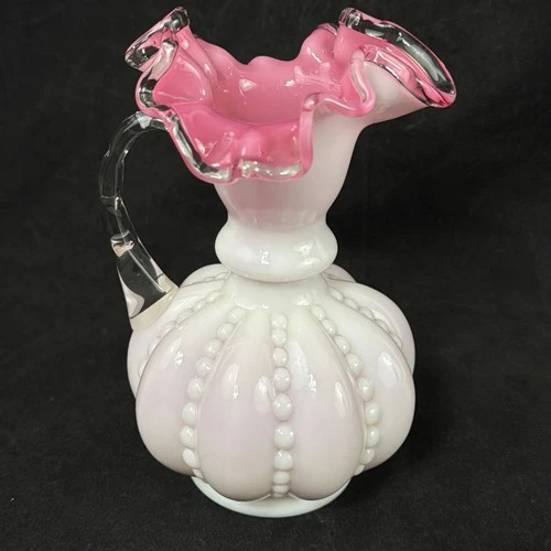 Vintage Fenton Peach Crest Beaded Melon Pitcher - Pink Cased Ruffled Edge 6.5”