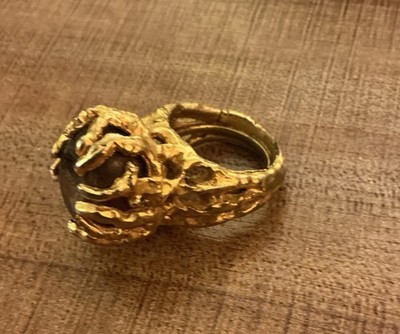 Large 1960's Tiger's Eye Gold Tone Textured Brutalist Ring