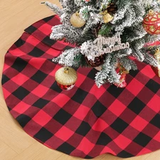 24" Christmas Tree Skirt Red Black Buffalo Plaid Small Mini Cotton Linen Rustic
