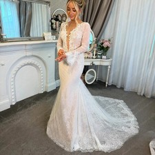 Illusion Long Sleeve Mermaid Wedding Dresses Detachable Skirt Appliques Lace