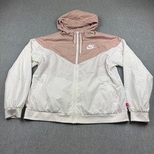 Nike Jacket Womens XL Pink White Windrunner Windbreaker Loose Woven Hooded