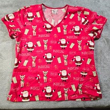 Rudolph the Red Nosed Reindeer Scrub Top Women's Large Pockets Christmas Santa