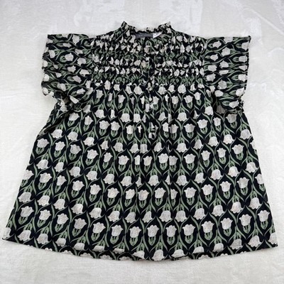 Mint Velvet Black Floral Print Cotton Blouse M Ruffle Trim Cap Sleeves Button Fr