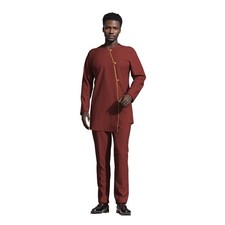 Men's African Style Suit Set with Gold Trim and Asymmetrical Hem Top and Pants