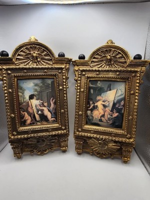 Vintg Angelica Kauffman Allegory Cherub Canvas Prints in Ornate Gilt Frames Pair