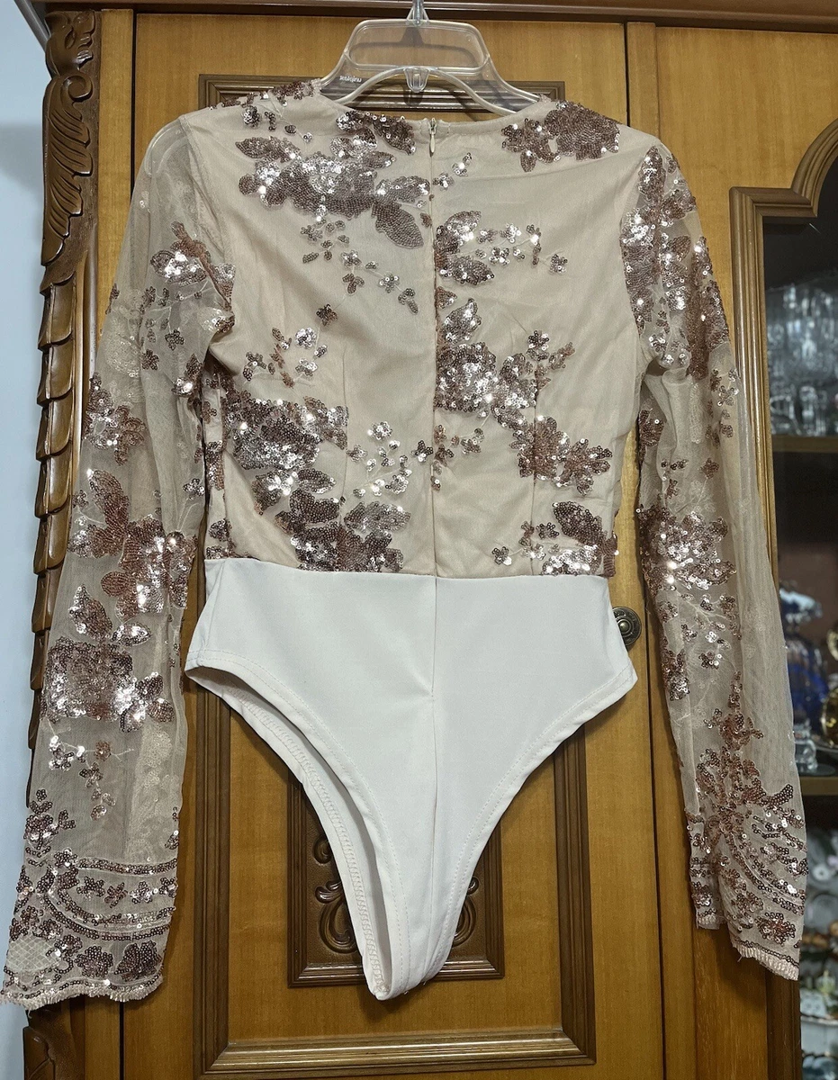 Rose Gold Sequined Long Sleeve Bodysuit Size S eBay