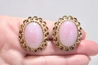 Vintage Large Pink Cabochon Oval Earrings Clip On Gold Tone 1980s Statement