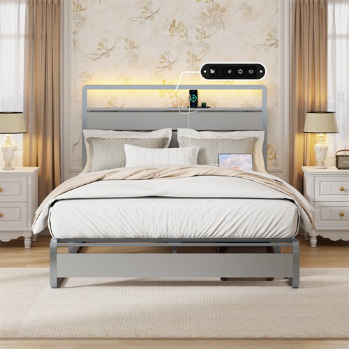 Queen Size Metal Platform Bed Frame with LED Lights Headboard & Charging Station