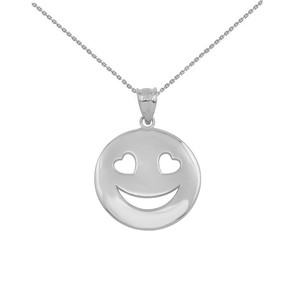14k Solid White Gold Heart Eyes Smiley Face Round Pendant Necklace