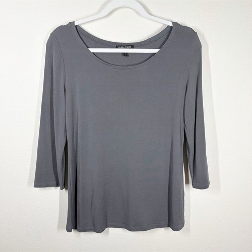 Eileen Fisher Stretch Silk Scoop Neck 3/4 Sleeve Top Size S Gray Lightweight