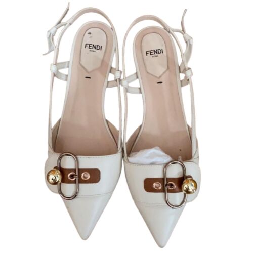 FENDI White Leather Buckle Strap Slingback Pointed Sandals, Size 38.5 - Afbeelding 1 van 7