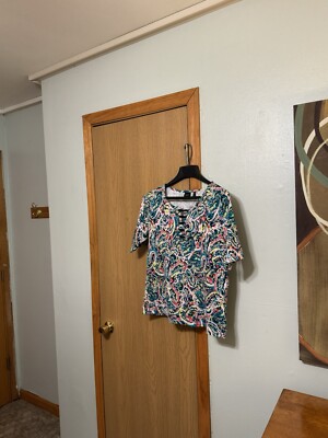 Rafaella XL Multi-Color w/Abstract Print 100% Cotton Short Sleeve Knit Top - EUC