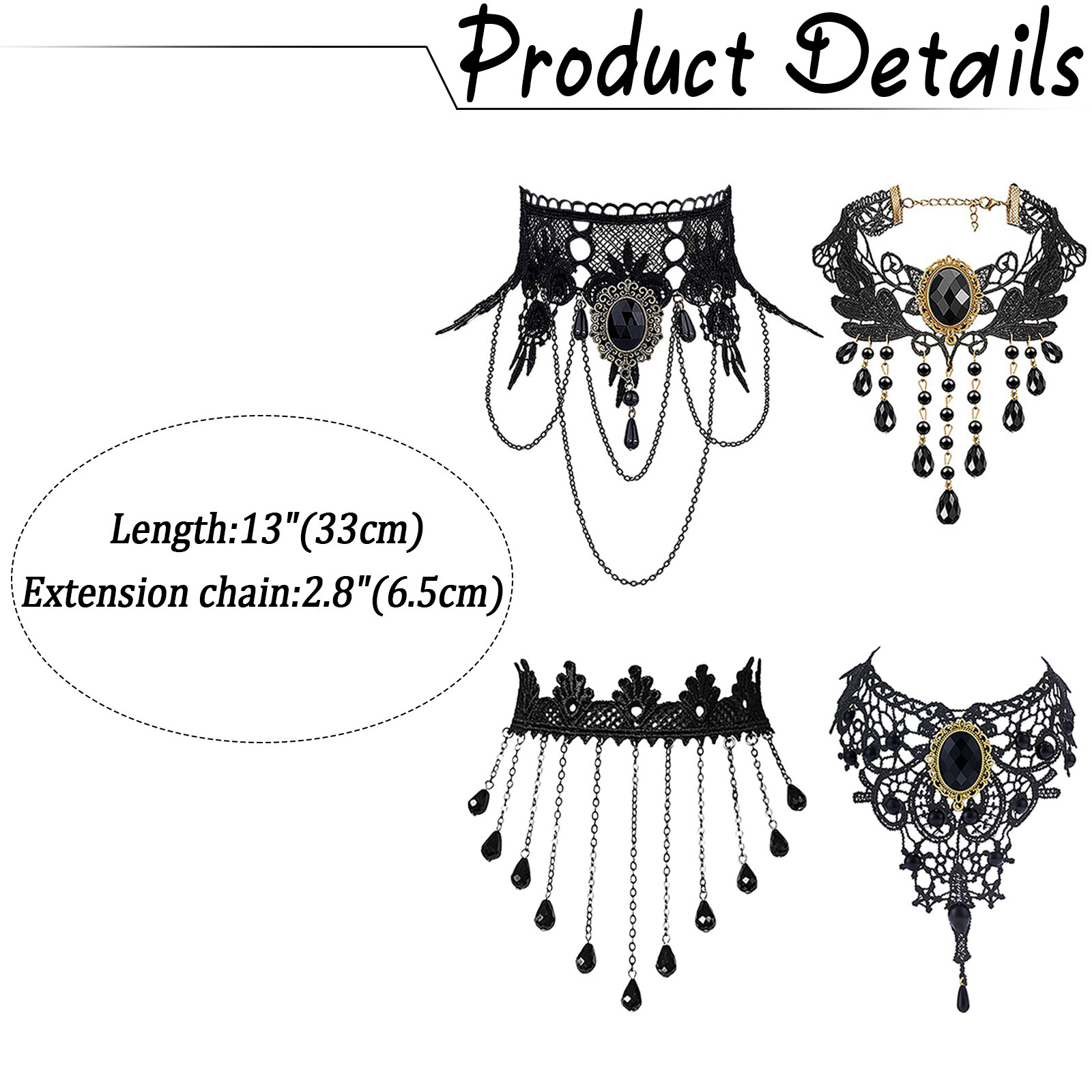 W WEILIRIAN Gothic Black Lace Choker Necklace - Teardrop Crystal Leaf Design For Women & Girls - View #3