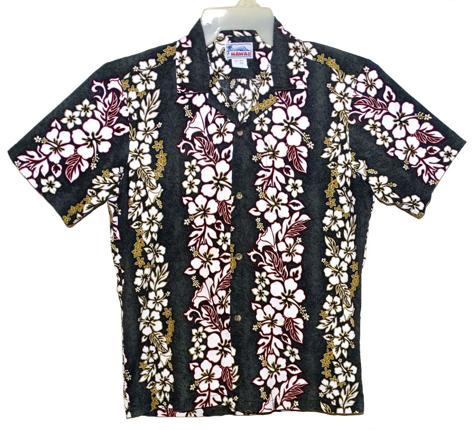 Sz S Hawaii Label Aloha Shirt Dark Gray & White Multi Tropical Floral Cotton USA