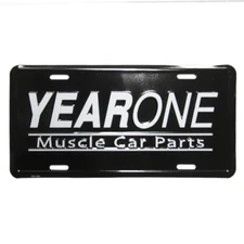 YearOne Muscle Car Parts license plate. Black background with white embossed let
