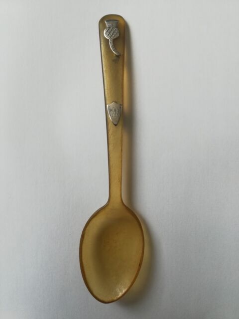Antique Animal Horn Spoon With Silver Scottish Thistle And Initialed Shield.