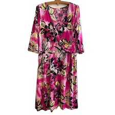 Vintage 1980 "Sunny" Pink Floral Stretch Fit & Flare Midi Dress USA MADE SIZE 14