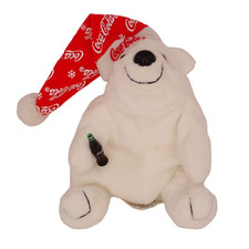 1998 Coca Cola Brand Plush Bear Bean Bag Santa Christmas Hat Bottle 5" White