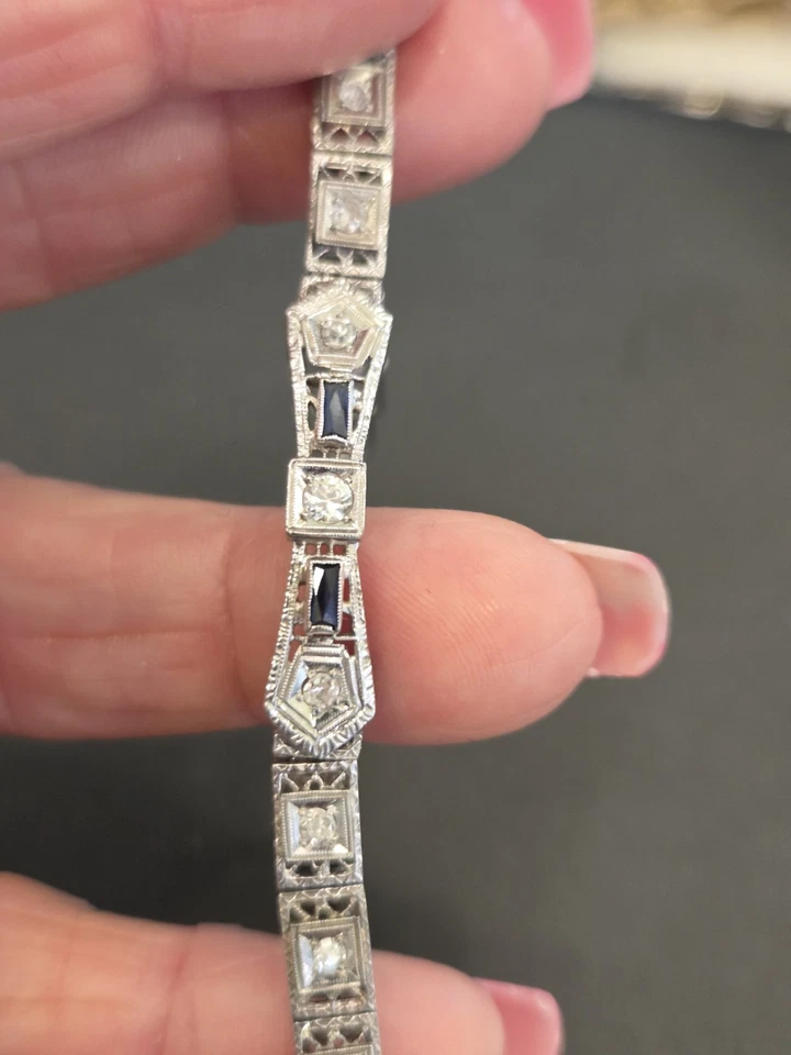 Antique 1900s 14k White Gold Art Deco Bracelet Diamond & Sapphire Appraisal $2K+ - Image 2 of 4