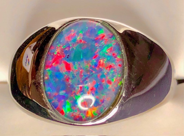 Solid Australian Opal Cabochon men's ring 9 S Semi-black Red fire Sterling 925 image 6