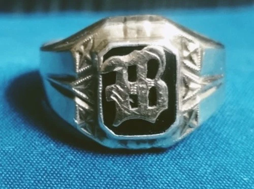 Men's Vintage Sterling And 10k Gold Black Onyx Signet Ring "B" Monogram Size 11